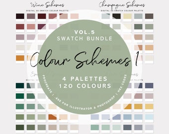 Puede incluir: Una descarga digital de 4 paletas de colores con un total de 120 colores. Las paletas se titulan "Wine Schemes", "Champagne Schemes" y "Colour Schemes 1". Las paletas de colores se muestran en un formato de cuadrícula con 30 muestras de colores por paleta. El texto "VOL. 5 SWATCH BUNDLE" se muestra en un círculo grande en el centro de la imagen.