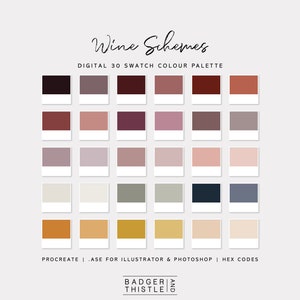 May include: A digital color palette titled "Wine Schemes" with 30 swatches in various shades of red, pink, and neutral tones. The palette is designed for Procreate, Illustrator, and Photoshop, with HEX codes provided.