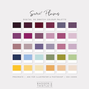 Puede incluir: Una paleta de colores digital con 30 muestras en tonos de morado, azul, verde y amarillo. La paleta se titula "Sweet Plums" y es para usar en Procreate, Adobe Illustrator y Photoshop. El texto "Badger and Thistle" está en la parte inferior de la imagen.