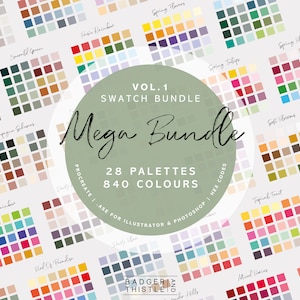 May include: A digital illustration of a collection of 28 color palettes with 840 colors. The palettes are labeled with names like "Spring Flowers", "Tropical Fruit", and "Dusty Blue". The text "VOL. 1 SWATCH BUNDLE Mega Bundle" is displayed in a large font. The text "PROCREATE | .ASE FOR ILLUSTRATOR & PHOTOSHOP | HEX CODES" is displayed in a smaller font.