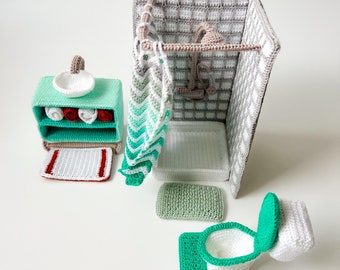 Classic Dollhouse Furniture Set - Bathroom - Crochet Pattern - 1:16 dollhouse - shower, curtain, toilet, washing basin