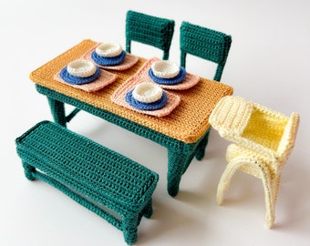 Classic Dollhouse Furniture Set - Dining Set - Crochet Pattern - 1:16 dollhouse - table, chairs, bench, baby chair, tableware