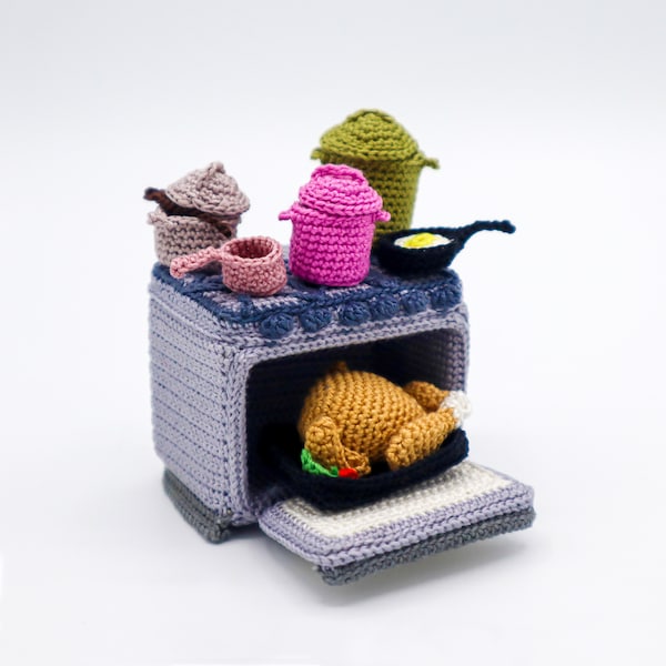 Modèle de crochet PDF - Modèle de crochet - Cuisinière, casseroles et poêles pour maison de poupée à l'échelle 1:18 - Anglais uniquement