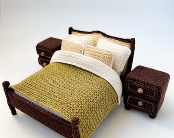 Classic Dollhouse Furniture - Masterbed - Crochet Pattern - 1:16 dollhouse - bed, mattress, linen, bedside table pdf English only