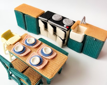 Classic Dollhouse Furniture Set - Kitchen - Crochet Pattern - 1:16 dollhouse - stove, kitchen units, dishwasher, dining set, table, chair