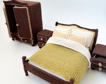 Classic Dollhouse Furniture Set - Bedroom - Crochet Pattern - 1:16 dollhouse - bed, bedside table, closet, linen - pdf English only