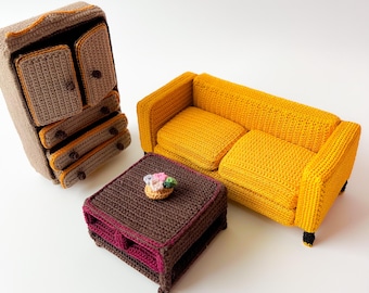 Classic Dollhouse Furniture Set - Living room - Crochet Pattern - 1:16 dollhouse - couch, tv cabinet, coffee table - English only