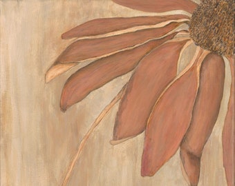 Dried Zinnia Flower Art Print - Sepia Tone Flower Art - Narrow Vertical Wall Art - Vintage Floral Print