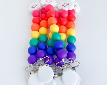 Matching Pram Charm And Silicone Dummy Clip Set Boy Blue White Grey Rainbow Baby Babies Pacifier
