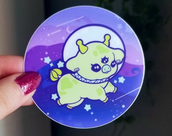 Cute Alien Cow Round Sticker - Kawaii Sticker - Round Sticker -  3in x 3in - Waterproof Sticker - Cute Cow Sticker