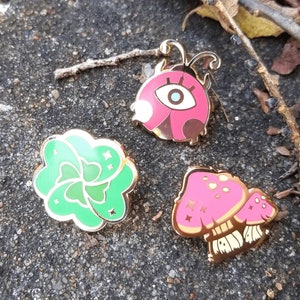 Witch's Garden - Unlucky Bug - Mini Mushrooms - Lucky Clover - Witchy Hard Enamel Pin Set - Nature Pin - Botanical Pin