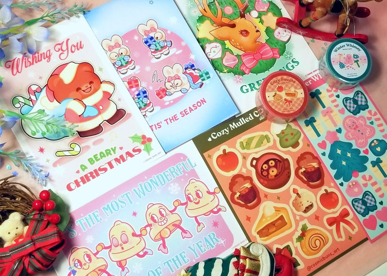 Kawaii Christmas Stationery Set: Postcards, Stickers, Washi Tape image 1