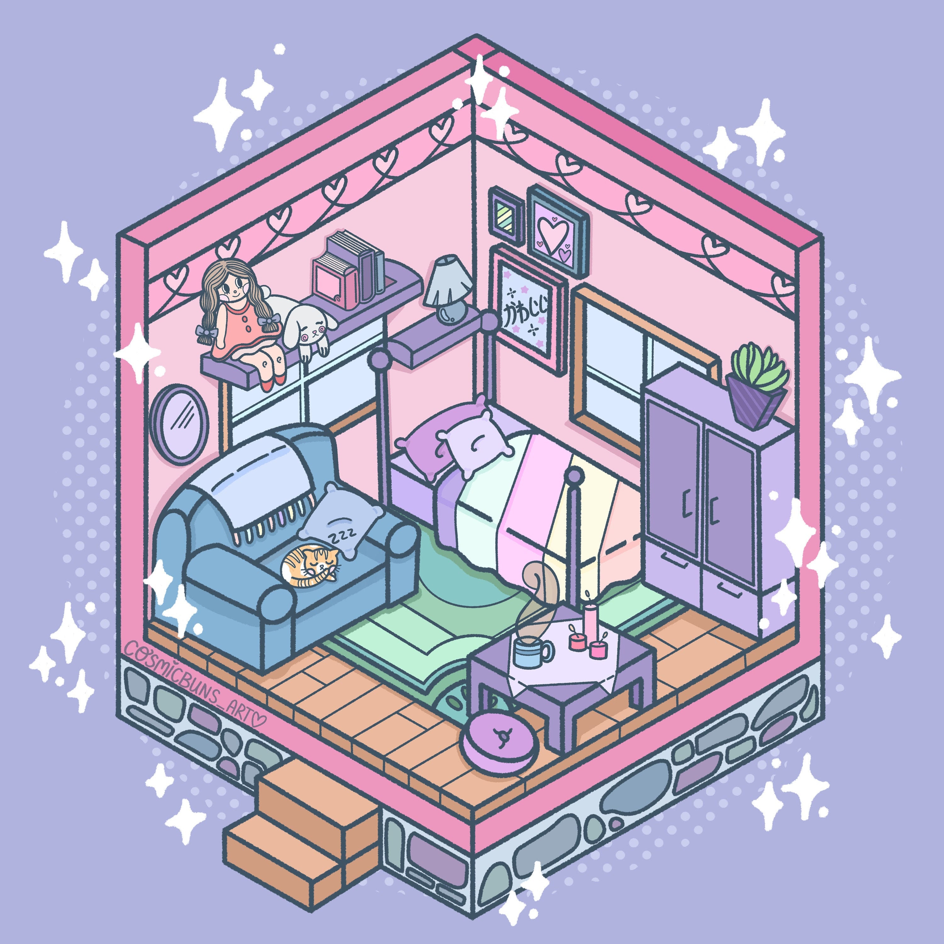 Isometric Kawaii Room Art Print | Etsy