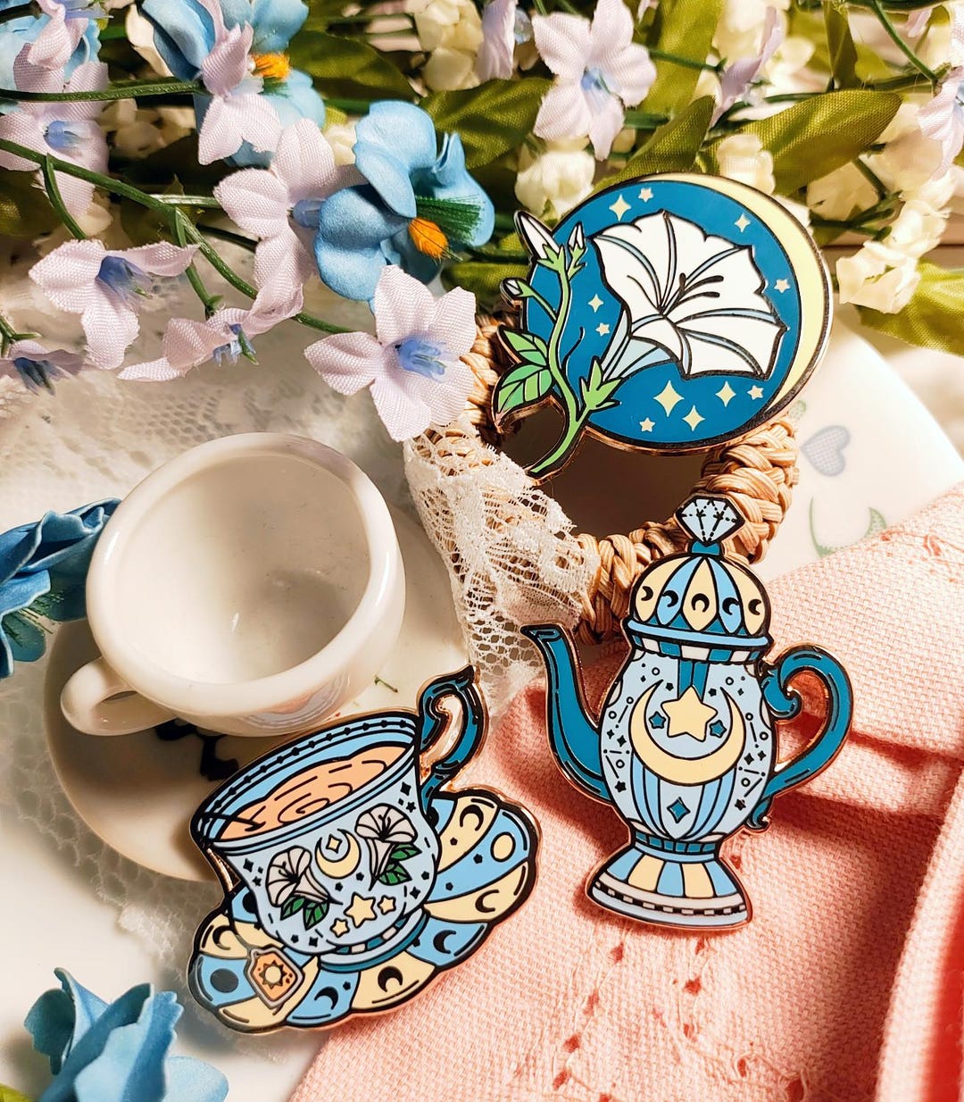Enchanted Evening Tea Enamel Pin Set | Moon Tea and Lillies - Etsy