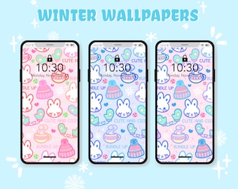 3 Kawaii Winter Phone Wallpapers! - Cute and Cozy Bunnies - Digital Download - CosmicBuns