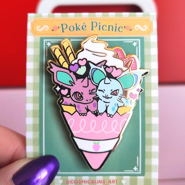 Poke Picnic Enamel Pin: Cosmic Buns Art, Gold Plated