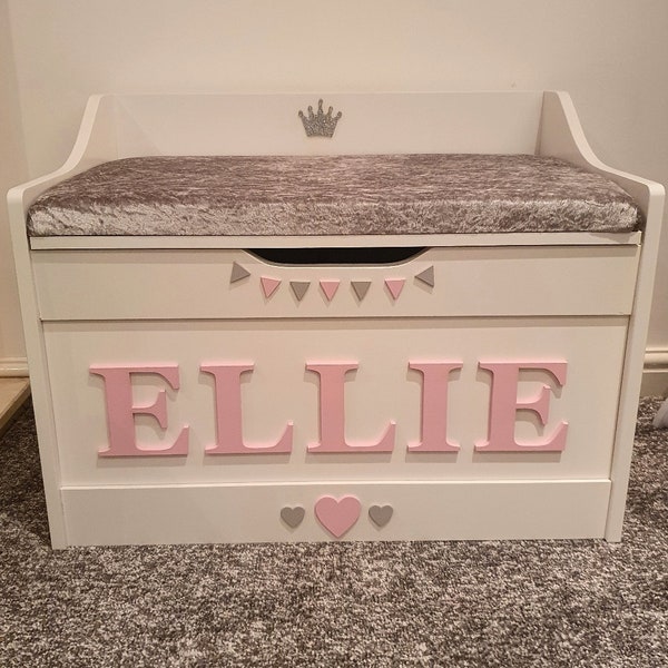Personalised Toy box with cushion.