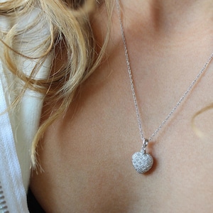14K Gold Diamond Puffy Heart Necklace | Lattice | Vintage Estate Jewelry | Hallmarked Solid White Pendant | Gifts her Box | Valentines