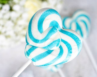 Blue & White Heart Lollipops, Raspberry Flavor, Party Favors