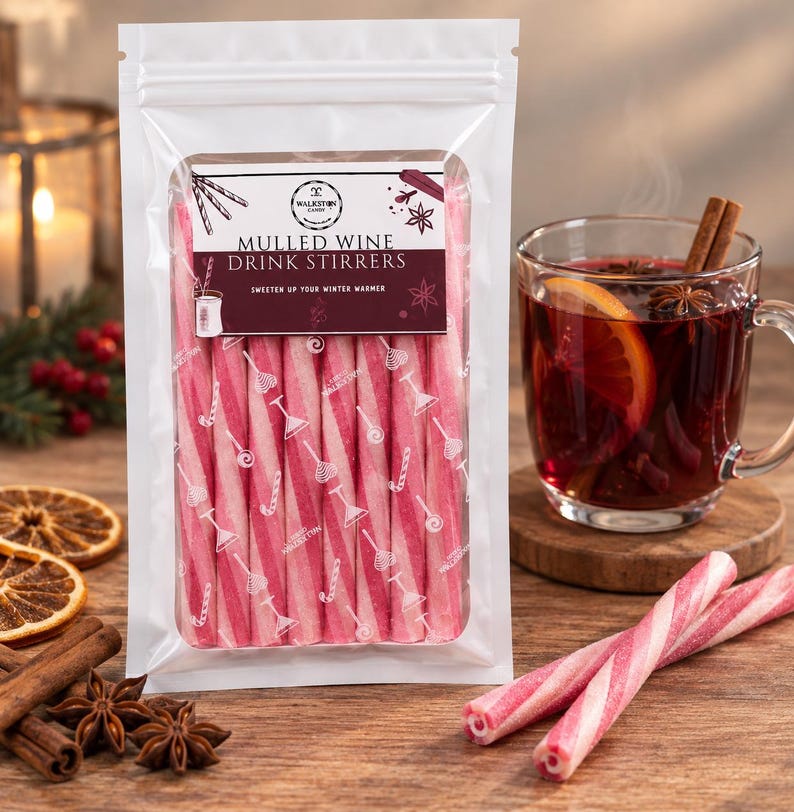 May include: A clear plastic pouch containing pink and white striped cylindrical candy sticks labeled Mulled Wine Drink Stirrers. The label features a logo, text, and small illustrations of candy. Two loose candy sticks lie on the surface nearby.