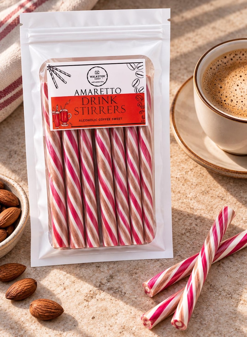 May include: A clear plastic pouch containing seven striped candy sticks. The label reads Walkston Candy Amaretto Drink Stirrers Alcoholic Coffee Sweet. The sticks feature diagonal stripes in shades of pink, white, and brown.