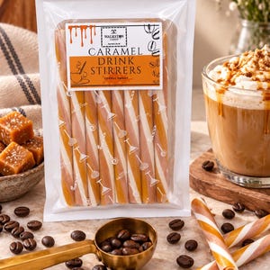 May include: A clear plastic pouch containing six caramel drink stirrers with white diagonal stripes. The label reads Walkston Candy Caramel Drink Stirrers Coffee Sweet. The stirrers are long, cylindrical, and feature a light brown and white color pattern.