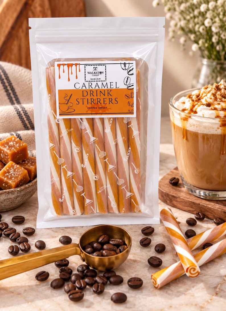 May include: A clear plastic pouch containing six caramel drink stirrers with white diagonal stripes. The label reads Walkston Candy Caramel Drink Stirrers Coffee Sweet. The stirrers are long, cylindrical, and feature a light brown and white color pattern.