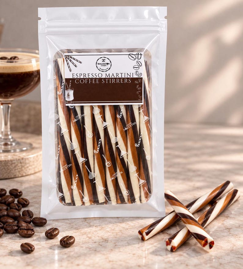 May include: A clear plastic pouch containing multiple long, thin, cylindrical coffee stirrers with a diagonal striped pattern in dark brown, light brown, and white. The label reads "ESPRESSO MARTINI COFFEE STIRRERS" with a logo and small graphic icons.