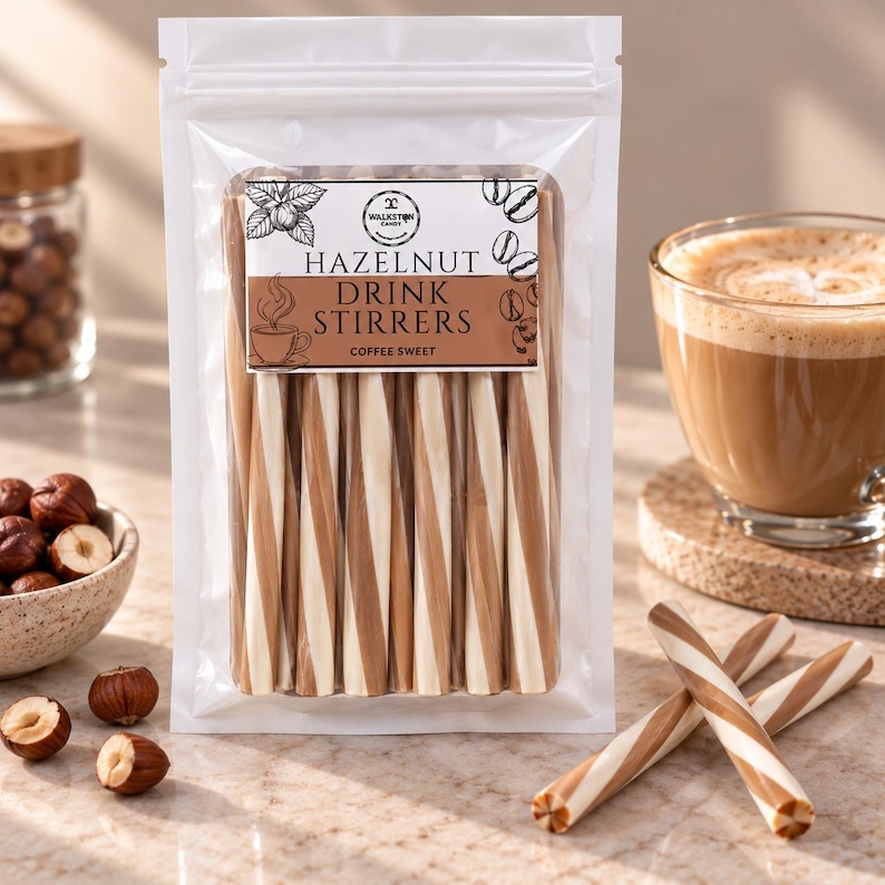 May include: A clear plastic pouch containing multiple hazelnut drink stirrers with a brown and white spiral pattern. The label features the text "HAZELNUT DRINK STIRRERS" and "COFFEE SWEET" along with illustrations of a hazelnut and a coffee cup.