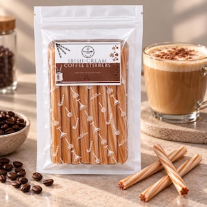 May include: A clear plastic pouch containing six light brown, striped Irish-Cream Coffee Stirrers. The label features the text "WALKSTON CANDY" and "IRISH-CREAM COFFEE STIRRERS" with small illustrations of candy, cocktails, and coffee beans.