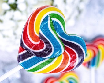 Rainbow Heart Lollipop – Handmade Swirly Lollies, Cake Topper