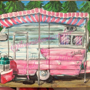 Pink vintage Shasta Glamper, camper art, trailer, glamping, camping, travel, wanderlust, original acrylic painting,