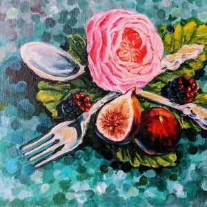 Fig & David Austin heirloom rose painting cottage decor shabby chic vintage botanical fruit original art gift for cook gift for gardener