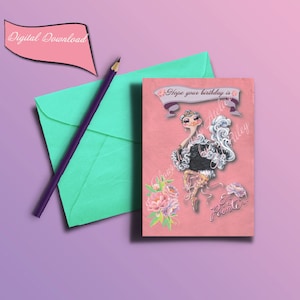 Téléchargement numérique de carte d'anniversaire d'autruche de ballerine de fille