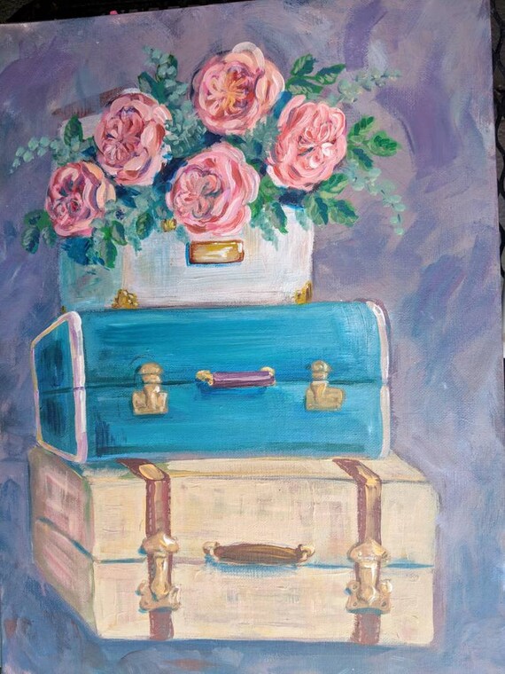 Vintage Suitcases David Austin Roses Original Art Romantic