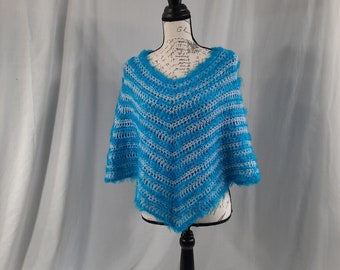 Handmade crochet womens poncho pullover jacket sweater four point poncho fuzzy blues washable acrylic no shed wrap