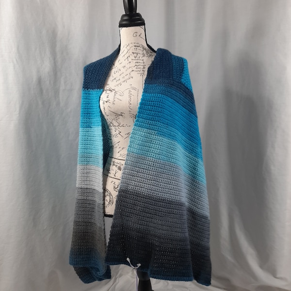 handmade womens shawl, wrap, scarf, prayer shawl, in blues and grays. 100 percent washable acrylic. Beautiful blending colors. One size .