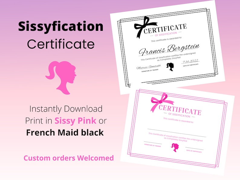 Printable Sissyfication Certificate, Sissy boy training certificate, Instantly download image 2