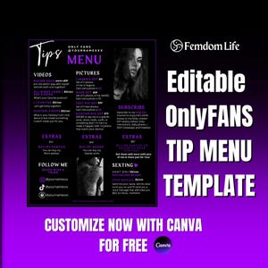 Puede incluir: Un gráfico morado y negro con el texto "Tips" y "Menu" en fuente blanca. El gráfico incluye una lista de videos e imágenes con precios, así como artículos adicionales y una sección para suscribirse. El gráfico también incluye identificadores de redes sociales y el texto "Personaliza ahora con Canva gratis".