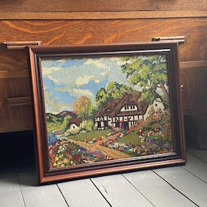 Vintage Cottage Needlepoint Tapestry Framed English Garden Floral Wall Art Decor