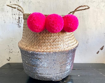 Basket - Pink Pom Pom Seagrass Basket -  Home Decor - Storage Decor  - Silver - Sequin - Home Storage - Planter Basket - Gifts - Pink