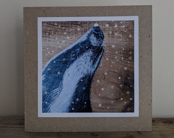 Badger Christmas card, fine art, greetings card, badger lover, wildlife art, kraft, animal art, card