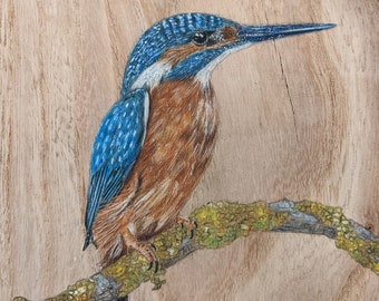 Original Large kingfisher painting on reclaimed and repurposed wood (elm)