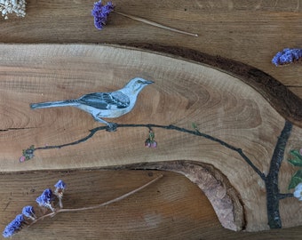 Original Mockingbird painting on reclaimed and repurposed wood (apple wood)