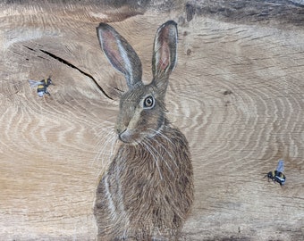 Original Extra large hare and mouse painting on reclaimed and repurposed wood