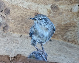 Original wren painting on reclaimed and repurposed wood