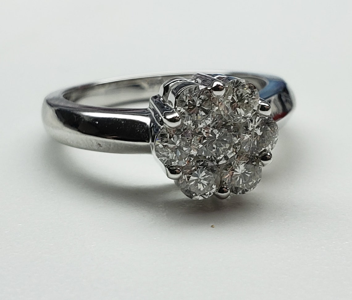 14K White Gold Floral 1.00 Total Weight Round Diamond Ring. - Etsy