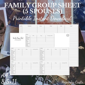 Folha de grupo familiar de 5 cônjuges/parceiros, 40 filhos, download instantâneo para impressão, modelo de genealogia, árvore genealógica em branco, A4, carta