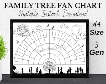 Family Tree Fan Chart Template, 5 generations, Printable Download, Genealogy, A4, Couple
