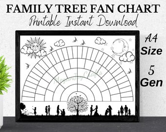 Family Tree Fan Chart Template, 5 generations, Printable Download, Genealogy, A4, Couple